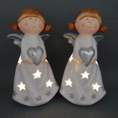 Anděl bílý se srdcem LED velký Polystonové a keramické figurky - andělé, kominík, děti, důchodci, houby